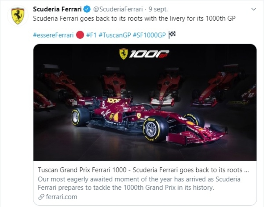 Tuscan Grand Prix Ferrari 1000 - Scuderia Ferrari goes back to its roots  with the livery for its 1000th GP